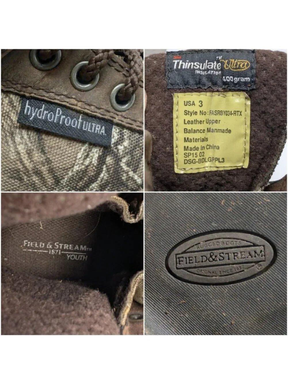 Field & Stream Camo Hunting Boots Boys Leather HydroProof Ultra Thinsulate Sz 3